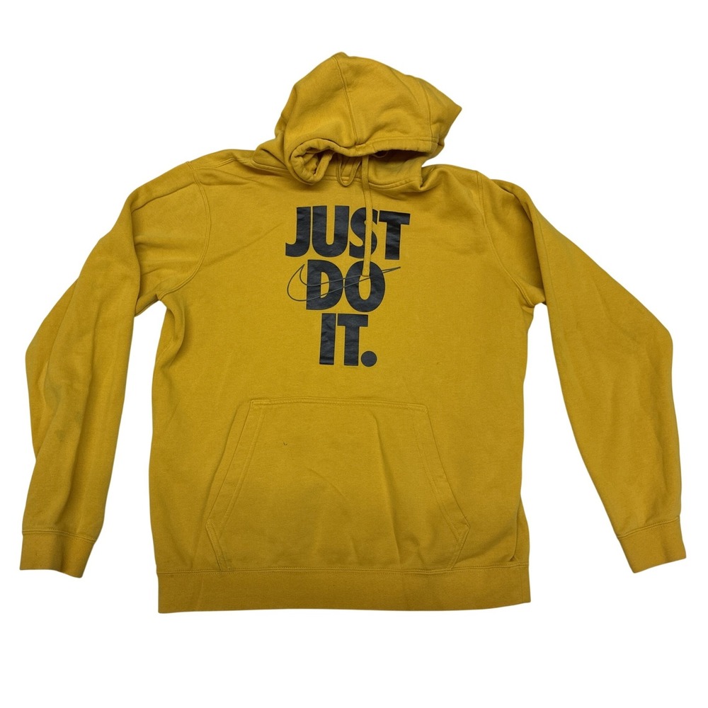 Nike Mens Just Do It Hoodie Mustard Yellow Graphic Pullover Fleece Large L